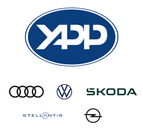 Loga společností YAPP, Audi, Volkswagen, Škoda, Stellantis, Opel